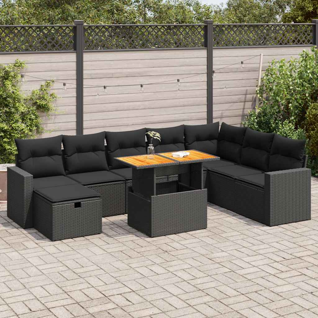 Set Divani da Giardino 9 pz con Cuscini Nero Polyrattan Acacia | homemem39