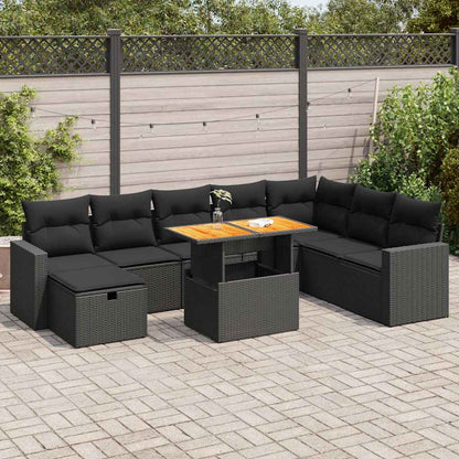 Set Divani da Giardino 9 pz con Cuscini Nero Polyrattan Acacia | homemem39