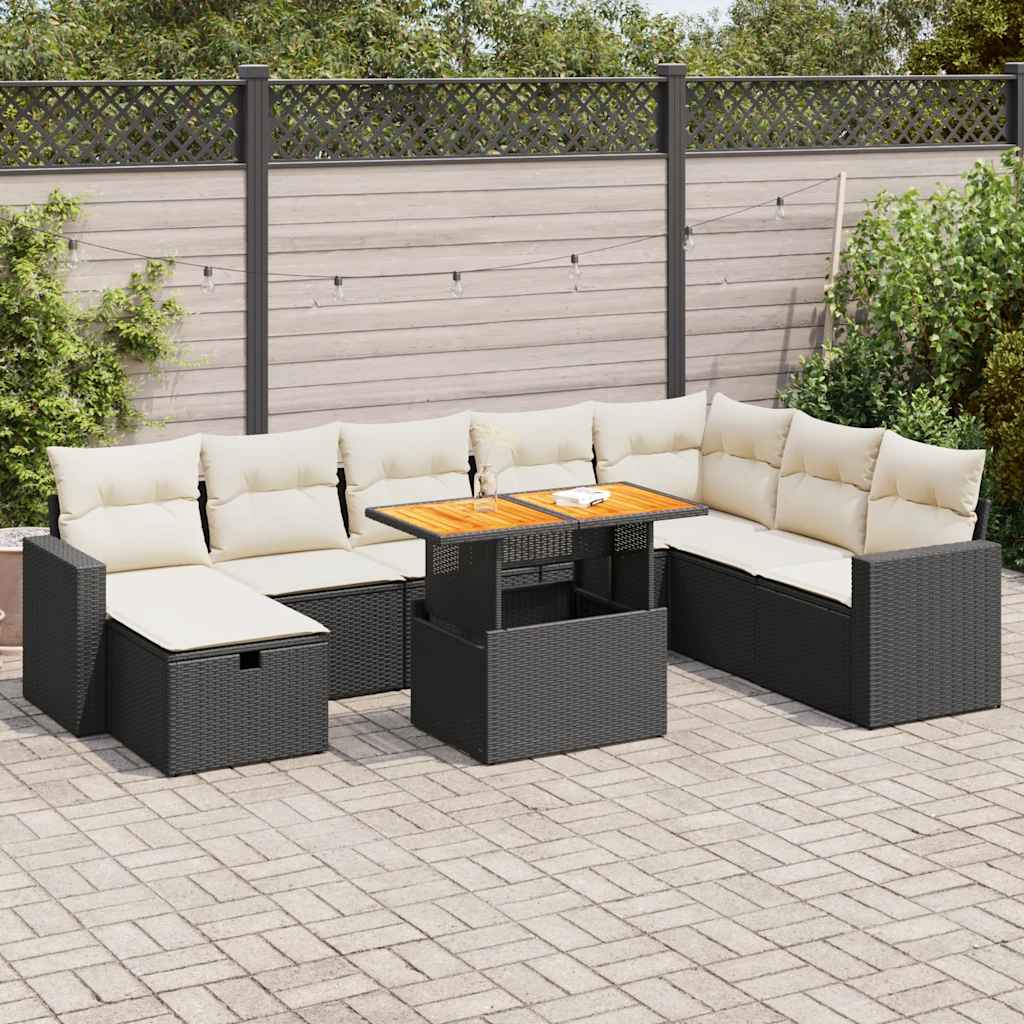 Set Divani da Giardino 9 pz con Cuscini Nero Polyrattan Acacia | homemem39