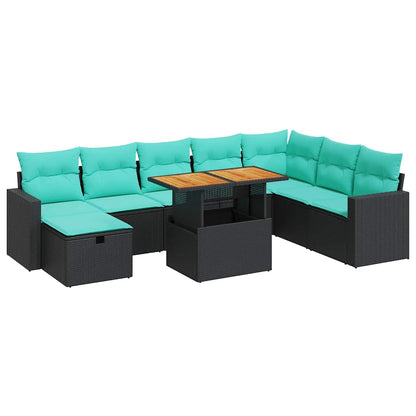 Set Divani da Giardino 9 pz con Cuscini Nero Polyrattan Acacia | homemem39