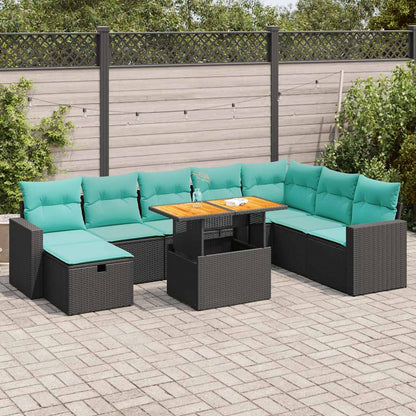 Set Divani da Giardino 9 pz con Cuscini Nero Polyrattan Acacia | homemem39