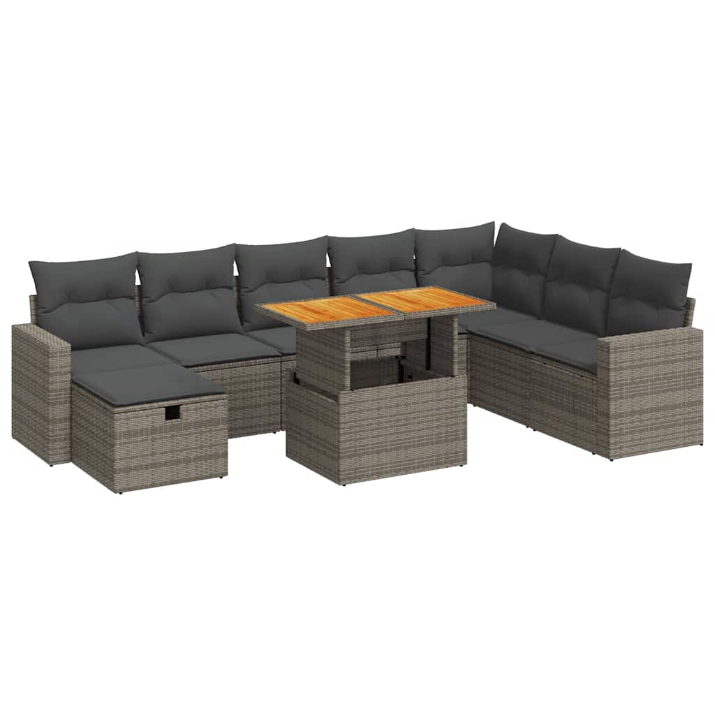 Set Divano da Giardino 9pz con Cuscini Grigio Polyrattan Acacia | homemem39
