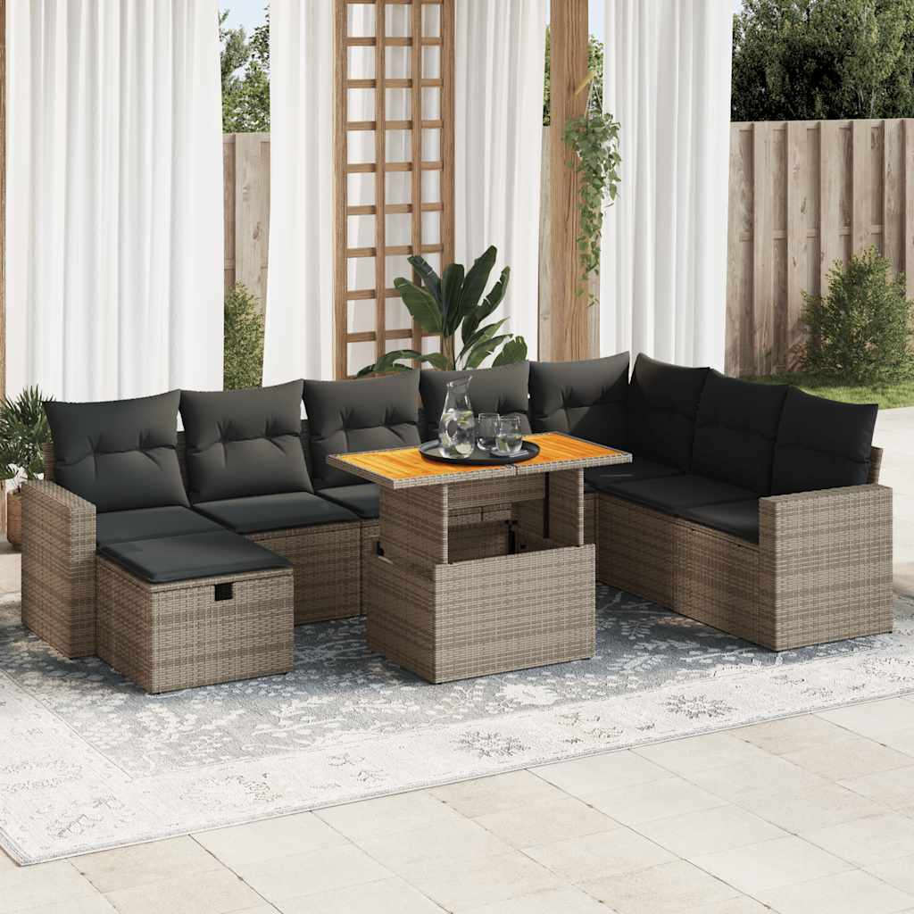 Set Divano da Giardino 9pz con Cuscini Grigio Polyrattan Acacia | homemem39