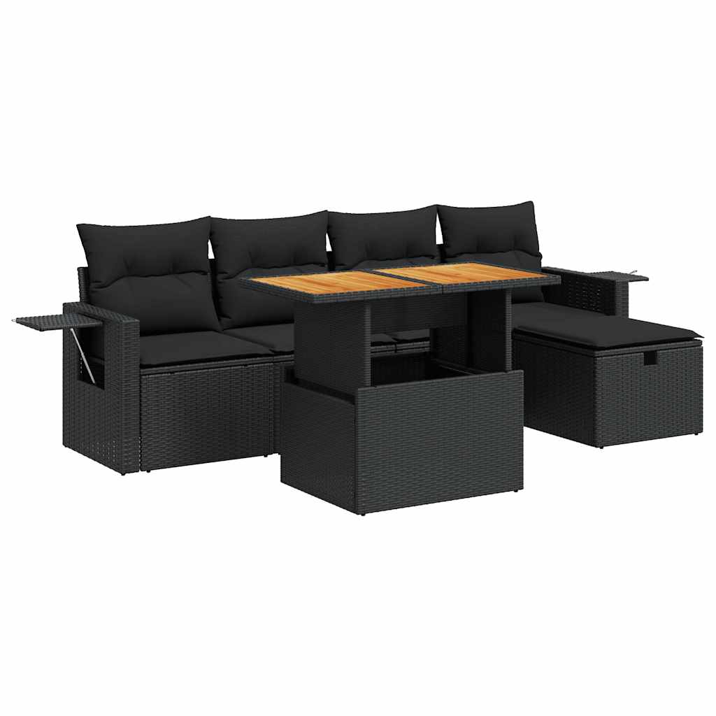 Set Divano da Giardino 6 pz con Cuscini Nero Polyrattan Acacia | homemem39