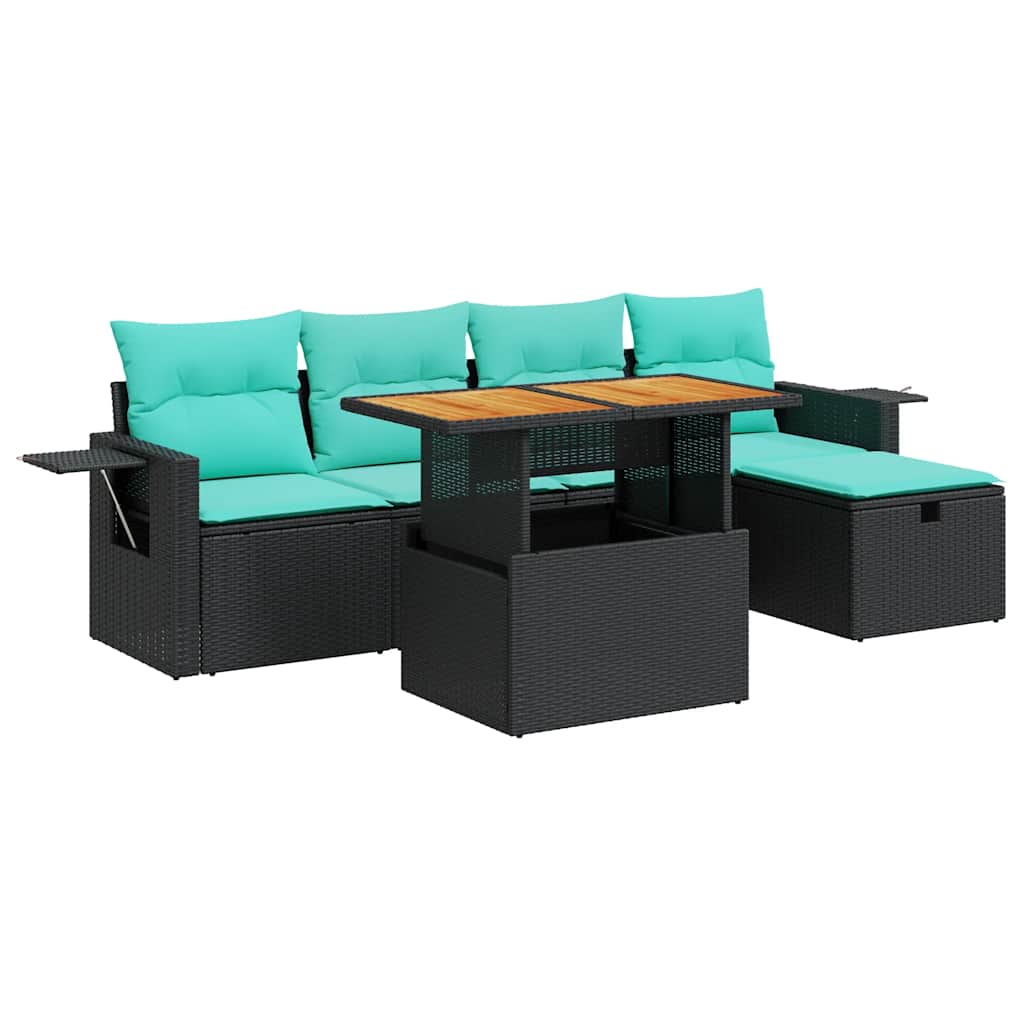Set Divano da Giardino 6 pz con Cuscini Nero Polyrattan Acacia | homemem39