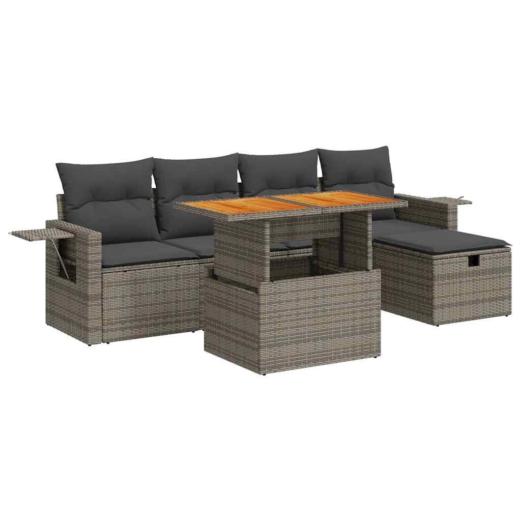Set Divano da Giardino 6pz con Cuscini Grigio Polyrattan Acacia | homemem39