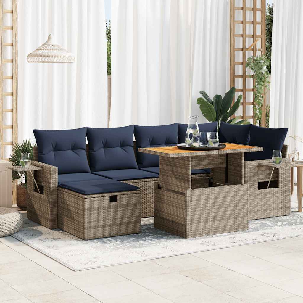 Set Divani da Giardino con Cuscini 7pz Nero Polyrattan Acacia | homemem39