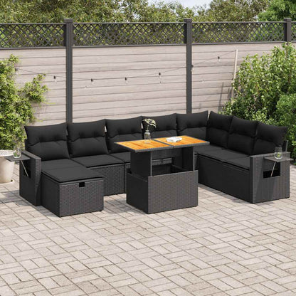 Set Divani da Giardino 9 pz con Cuscini Nero Polyrattan Acacia | homemem39