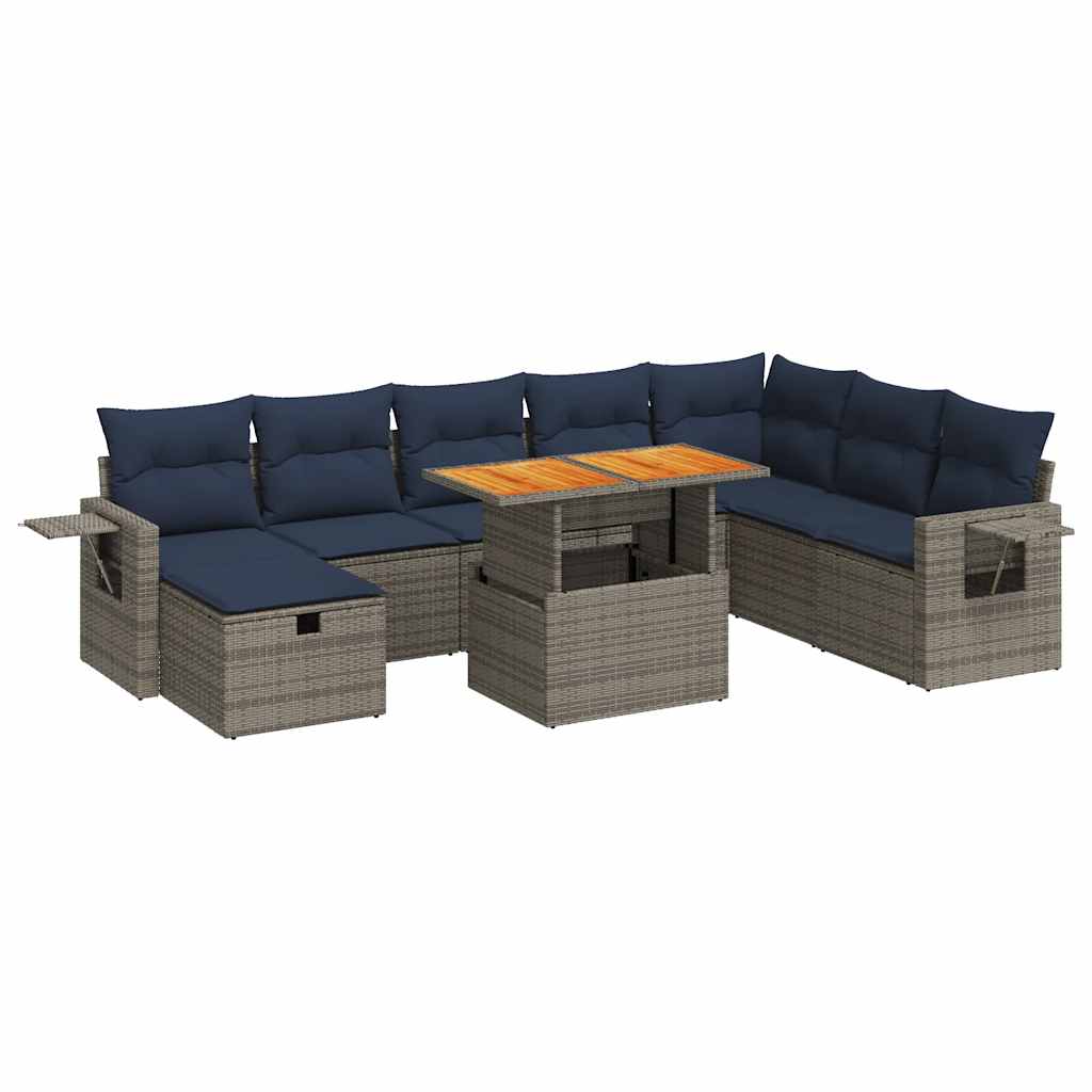 Set Divano da Giardino 9pz con Cuscini Grigio Polyrattan Acacia | homemem39