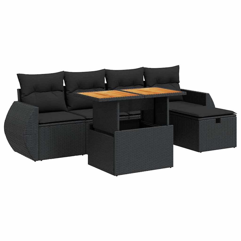 Set Divano da Giardino 6 pz con Cuscini Nero Polyrattan Acacia | homemem39