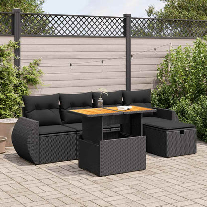 Set Divano da Giardino 6 pz con Cuscini Nero Polyrattan Acacia | homemem39