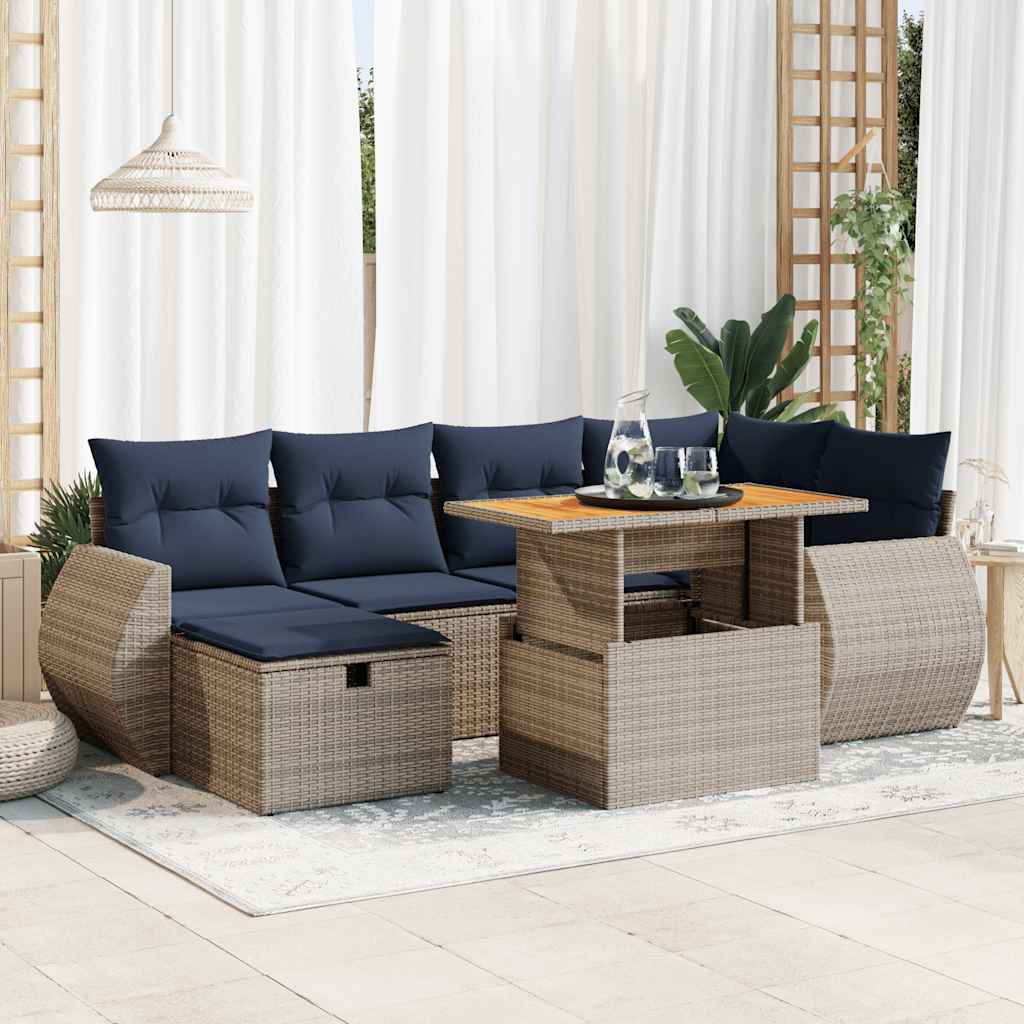 Set Divani Giardino 7 pz con Cuscini Marrone Polyrattan Acacia | homemem39