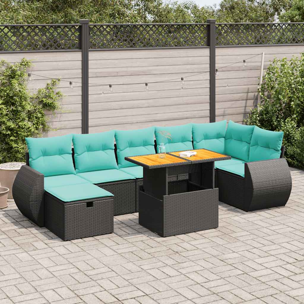 Set Divani da Giardino con Cuscini 8 pz Nero Polyrattan Acacia
