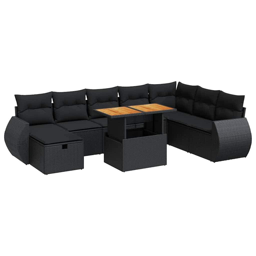 Set Divani da Giardino 9 pz con Cuscini Nero Polyrattan Acacia | homemem39