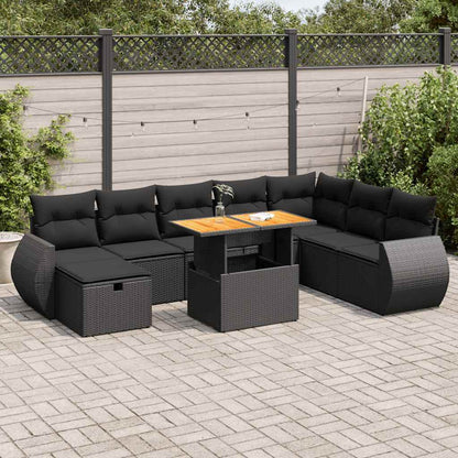 Set Divani da Giardino 9 pz con Cuscini Nero Polyrattan Acacia | homemem39
