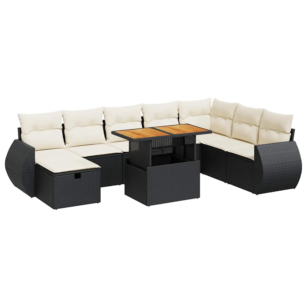 Set Divani da Giardino 9 pz con Cuscini Nero Polyrattan Acacia | homemem39