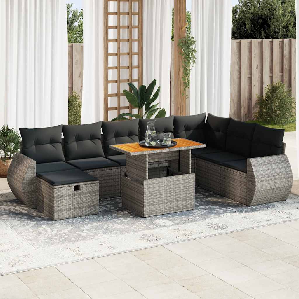 Set Divano da Giardino 9pz con Cuscini Grigio Polyrattan Acacia | homemem39