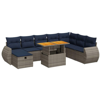 Set Divani da Giardino 9 pz con Cuscini Grigio Polyrattan Acacia | homemem39