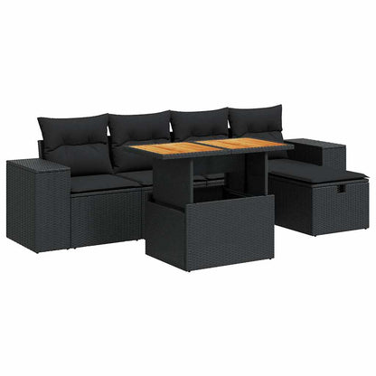 Set Divano da Giardino 6 pz con Cuscini Nero Polyrattan Acacia