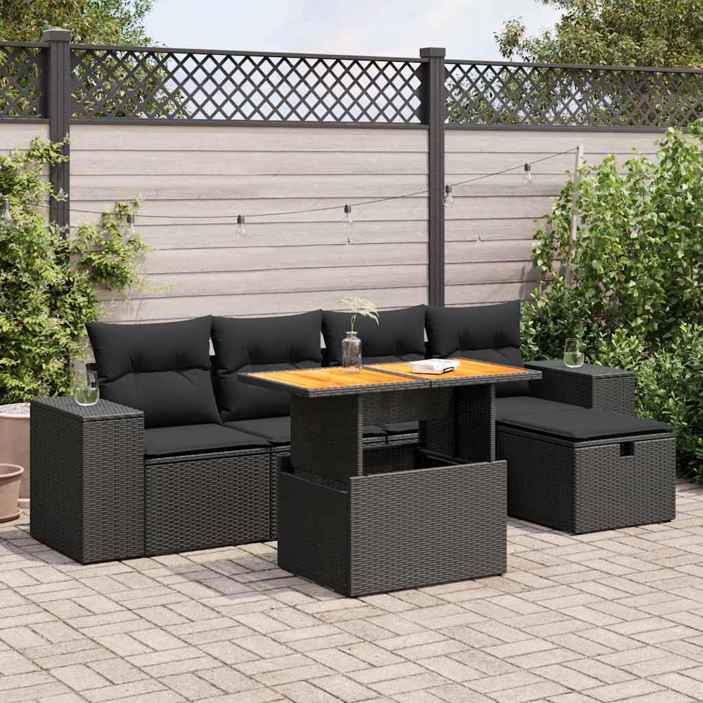 Set Divano da Giardino 6 pz con Cuscini Nero Polyrattan Acacia