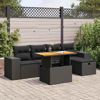 Set Divano da Giardino 6 pz con Cuscini Nero Polyrattan Acacia