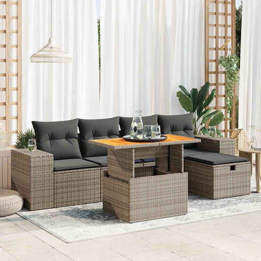 Set Divano da Giardino 6pz con Cuscini Grigio Polyrattan Acacia