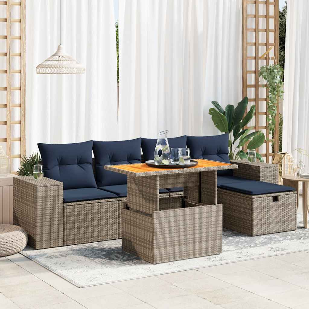 Set Divano da Giardino 6 pz con Cuscini Nero Polyrattan Acacia | homemem39
