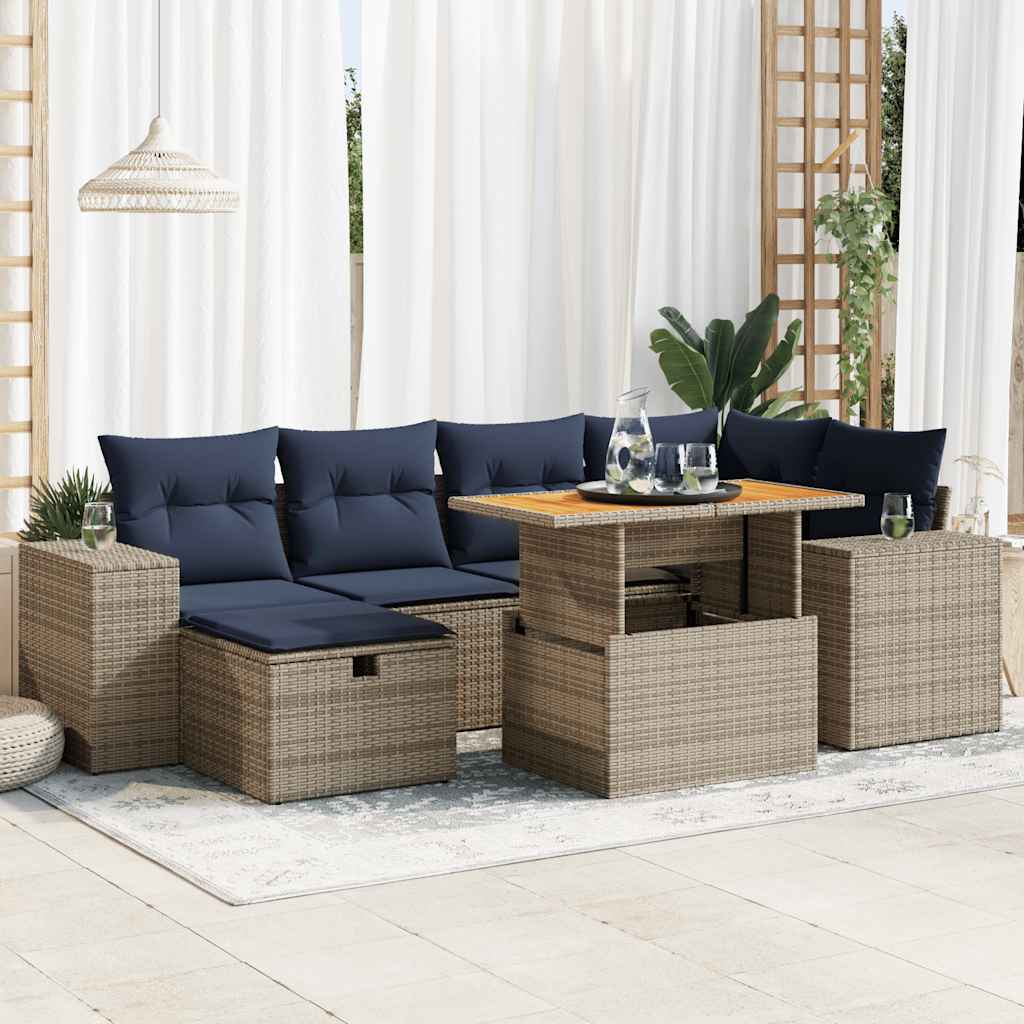 Set Divani Giardino 7 pz con Cuscini Marrone Polyrattan Acacia | homemem39