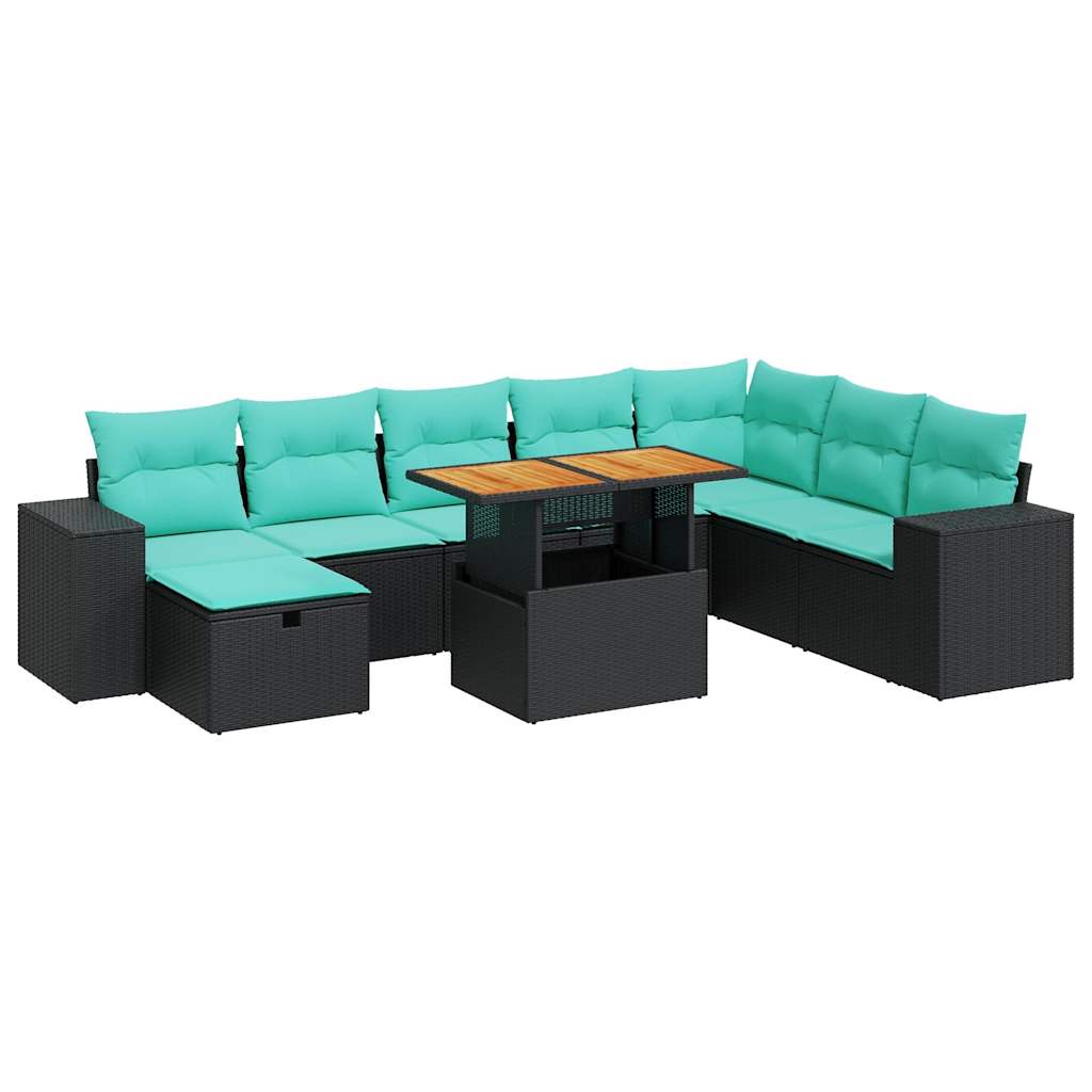 Set Divani da Giardino 9 pz con Cuscini Nero Polyrattan Acacia | homemem39