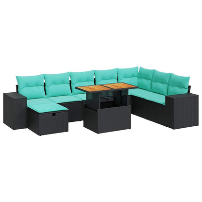 Set Divani da Giardino 9 pz con Cuscini Nero Polyrattan Acacia | homemem39