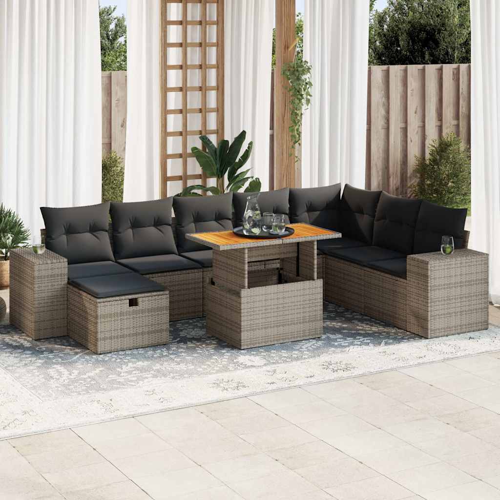 Set Divano da Giardino 9pz con Cuscini Grigio Polyrattan Acacia | homemem39