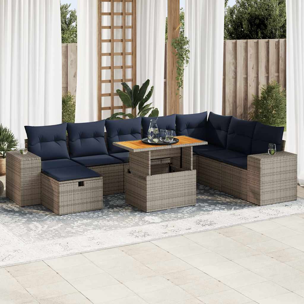 Set Divano da Giardino 9pz con Cuscini Grigio Polyrattan Acacia | homemem39