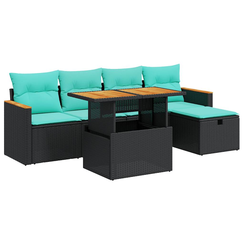Set Divano da Giardino 6 pz con Cuscini Nero Polyrattan Acacia | homemem39