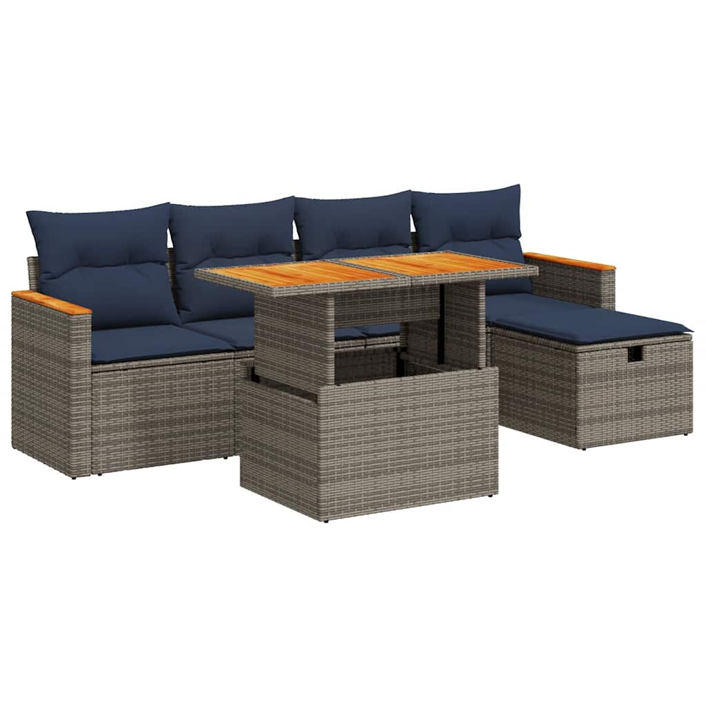 Set Divano da Giardino 6pz con Cuscini Grigio Polyrattan Acacia | homemem39