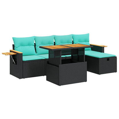 Set Divano da Giardino 6 pz con Cuscini Nero Polyrattan Acacia | homemem39