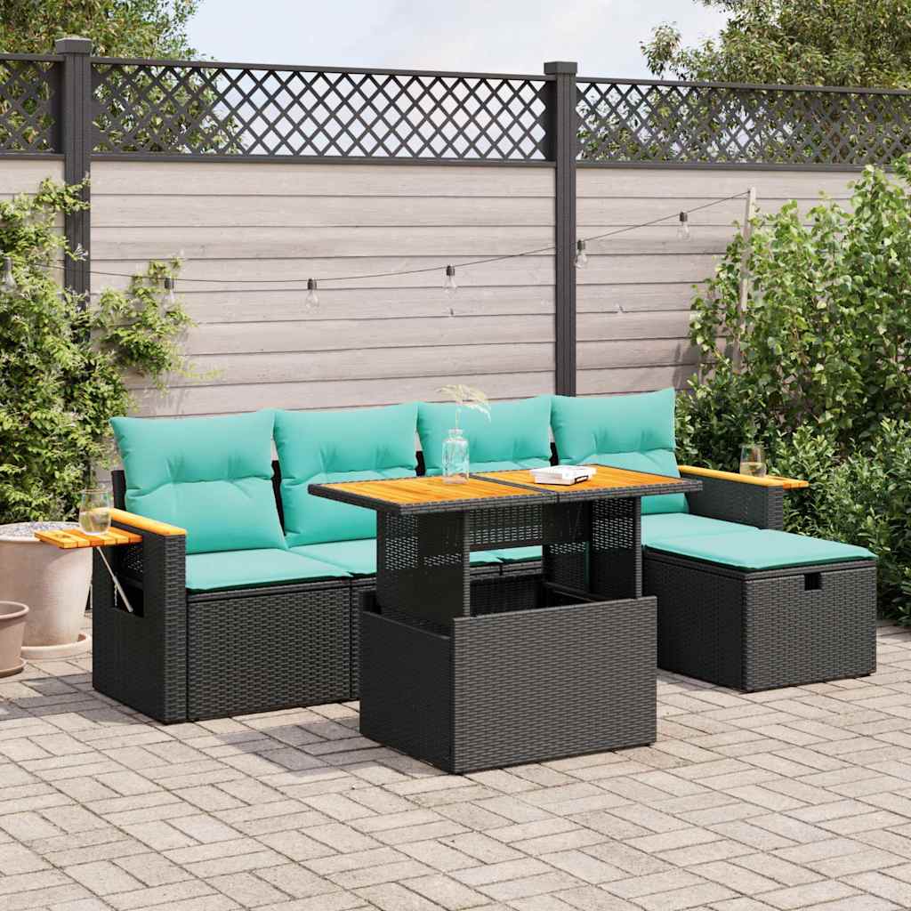 Set Divano da Giardino 6 pz con Cuscini Nero Polyrattan Acacia | homemem39