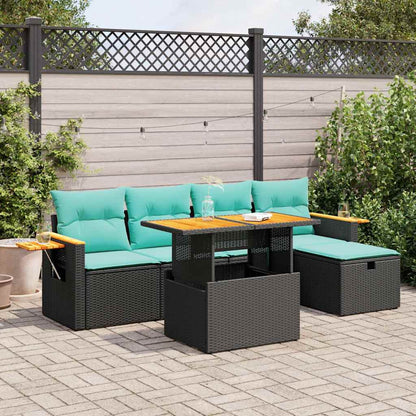 Set Divano da Giardino 6 pz con Cuscini Nero Polyrattan Acacia | homemem39