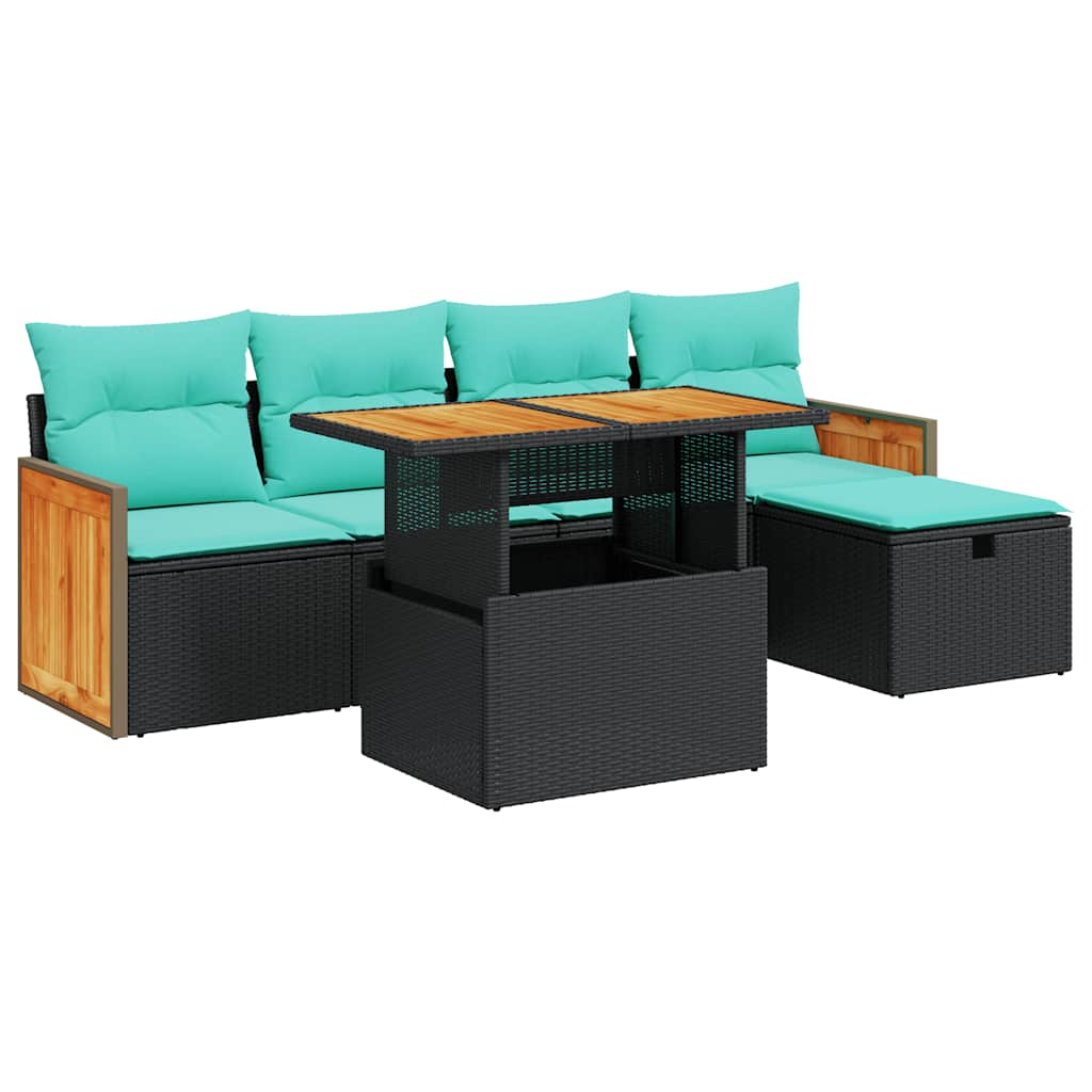 Set Divano da Giardino 6 pz con Cuscini Nero Polyrattan Acacia | homemem39