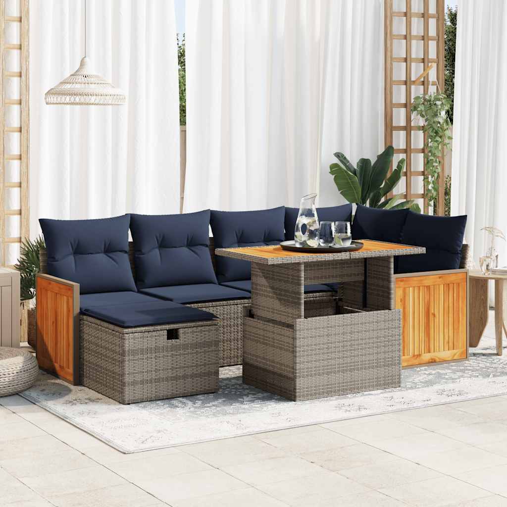 Set Divani da Giardino con Cuscini 7pz Grigio Polyrattan Acacia | homemem39