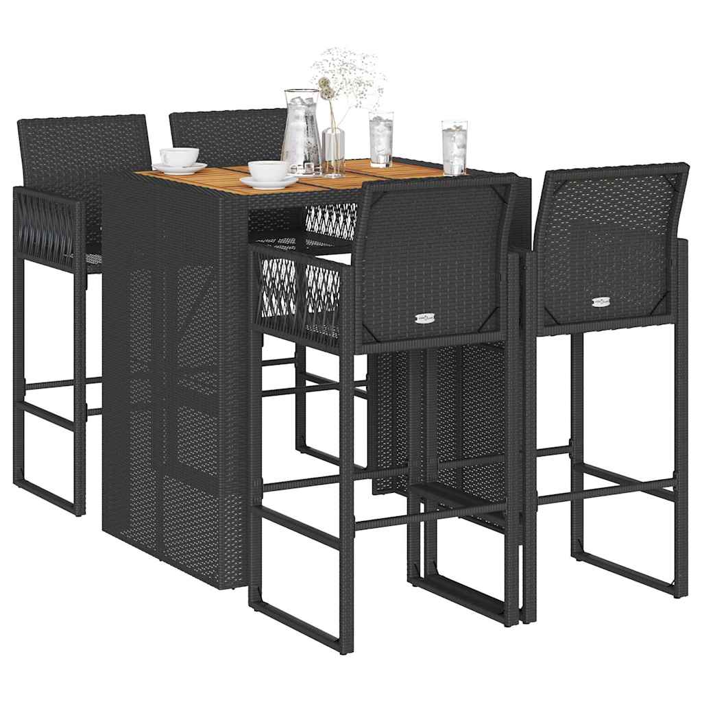 Set Bar da Giardino 5pz senza Cuscini Nero in Polyrattan Acacia | homemem39