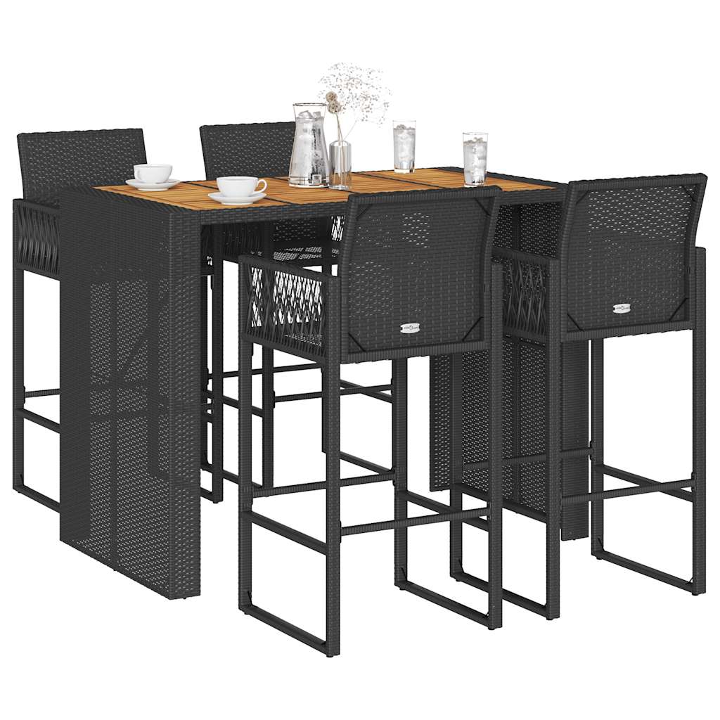 Set Bar da Giardino 5pz senza Cuscini Nero in Polyrattan Acacia | homemem39