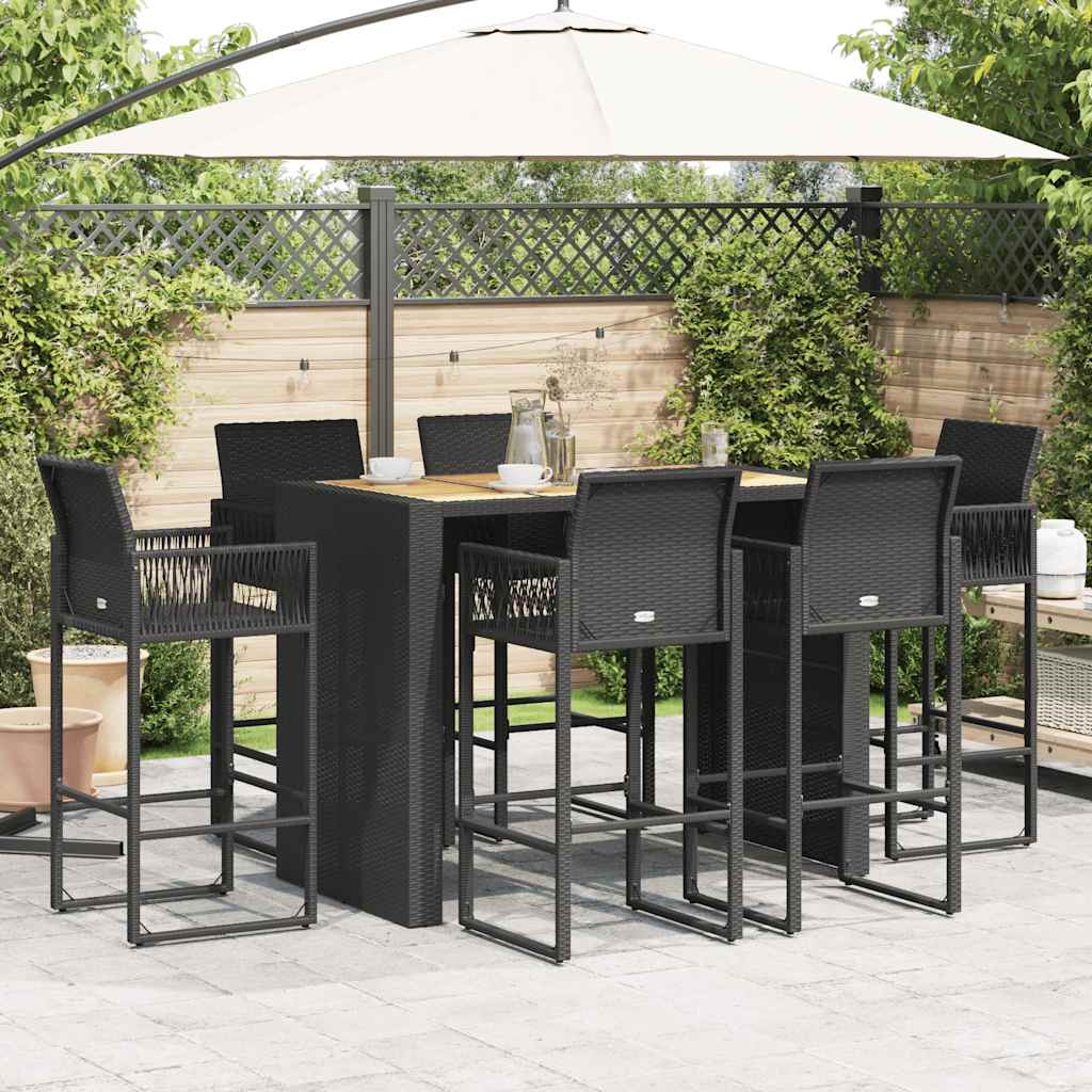 Set Bar da Giardino 7pz senza Cuscini Nero in Polyrattan Acacia | homemem39