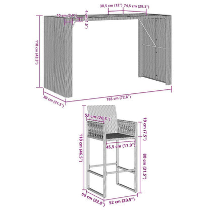 Set Bar da Giardino 7pz senza Cuscini Grigio Polyrattan Acacia | homemem39