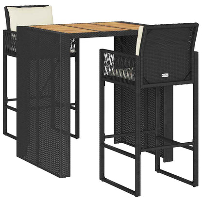 Set Bar da Giardino 3 pz con Cuscini Nero in Polyrattan Acacia | homemem39