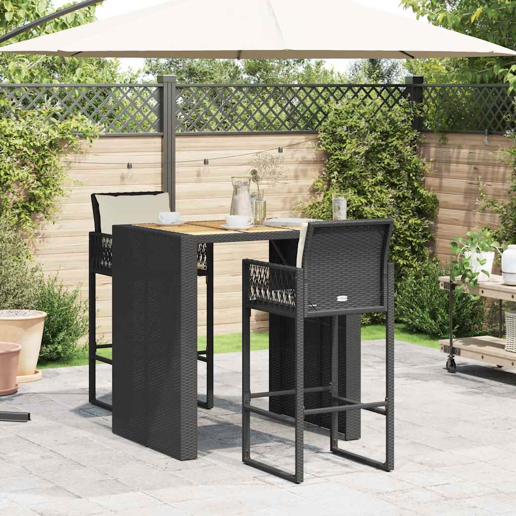 Set Bar da Giardino 3 pz con Cuscini Nero in Polyrattan Acacia | homemem39