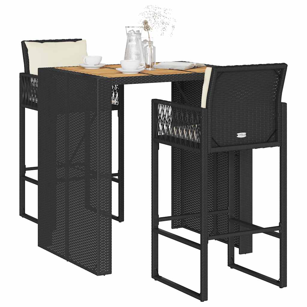 Set Bar da Giardino 3 pz con Cuscini Nero in Polyrattan Acacia | homemem39