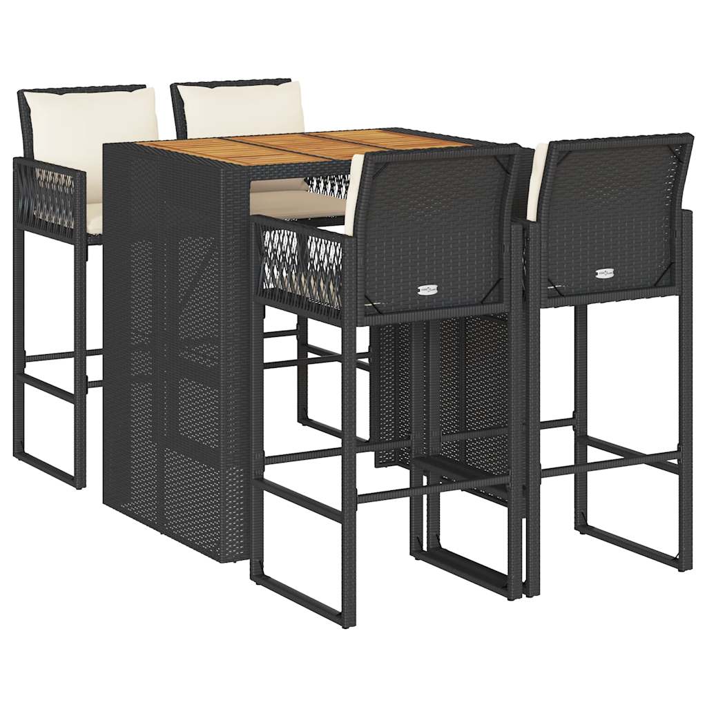 Set Bar da Giardino 5 pz con Cuscini Nero in Polyrattan Acacia | homemem39
