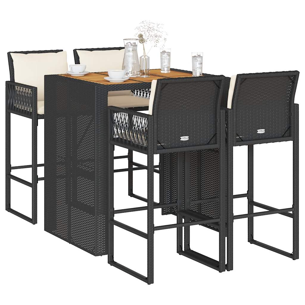 Set Bar da Giardino 5 pz con Cuscini Nero in Polyrattan Acacia | homemem39