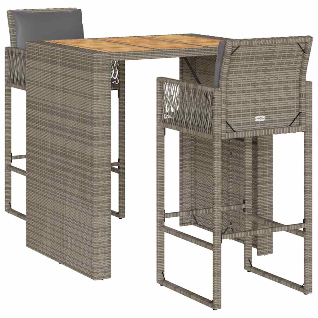 Set Bar da Giardino 3 pz con Cuscini Grigio Polyrattan Acacia | homemem39