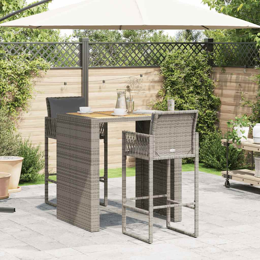 Set Bar da Giardino 3 pz con Cuscini Grigio Polyrattan Acacia | homemem39